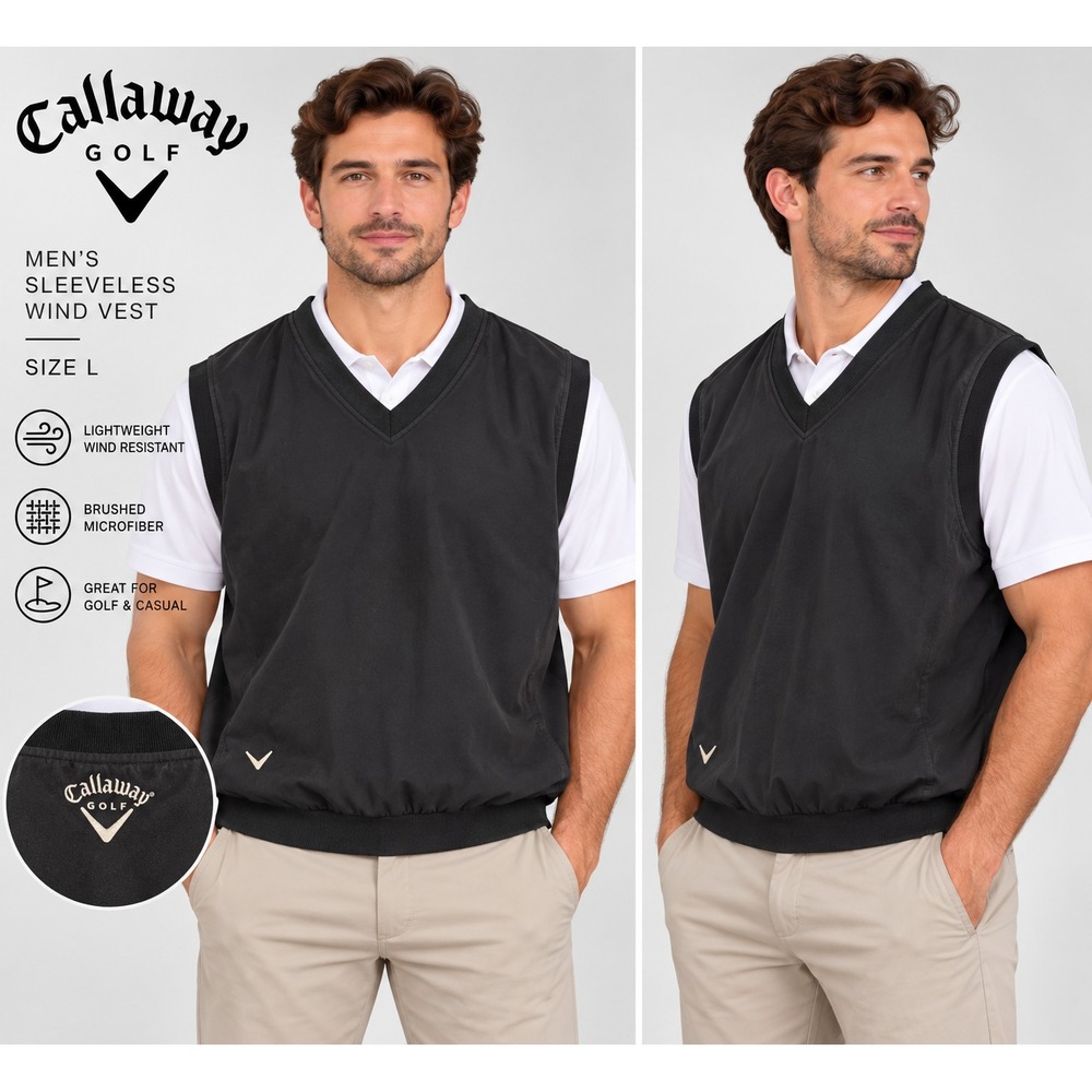Callaway Golf Vest Men's Large Black Windshirt V-Neck Sleeveless Jacket Pullover
